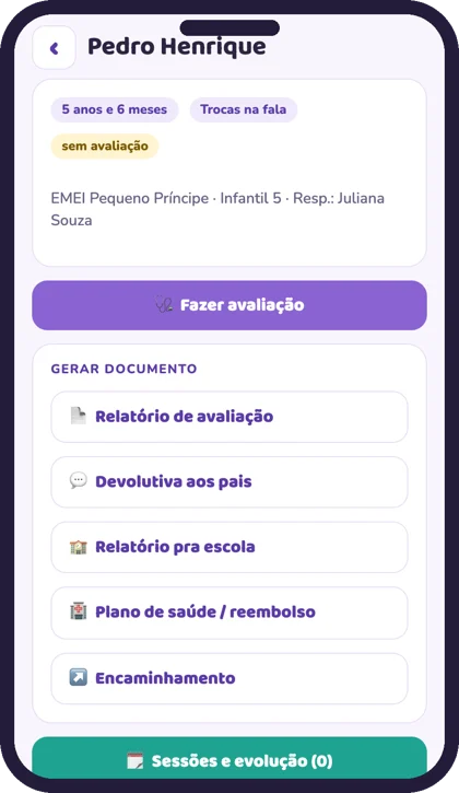 Tela do app: ficha da criança