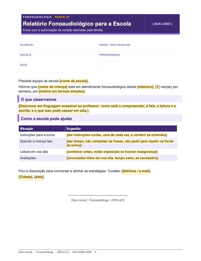 Relatório fonoaudiológico para a escola (Word)